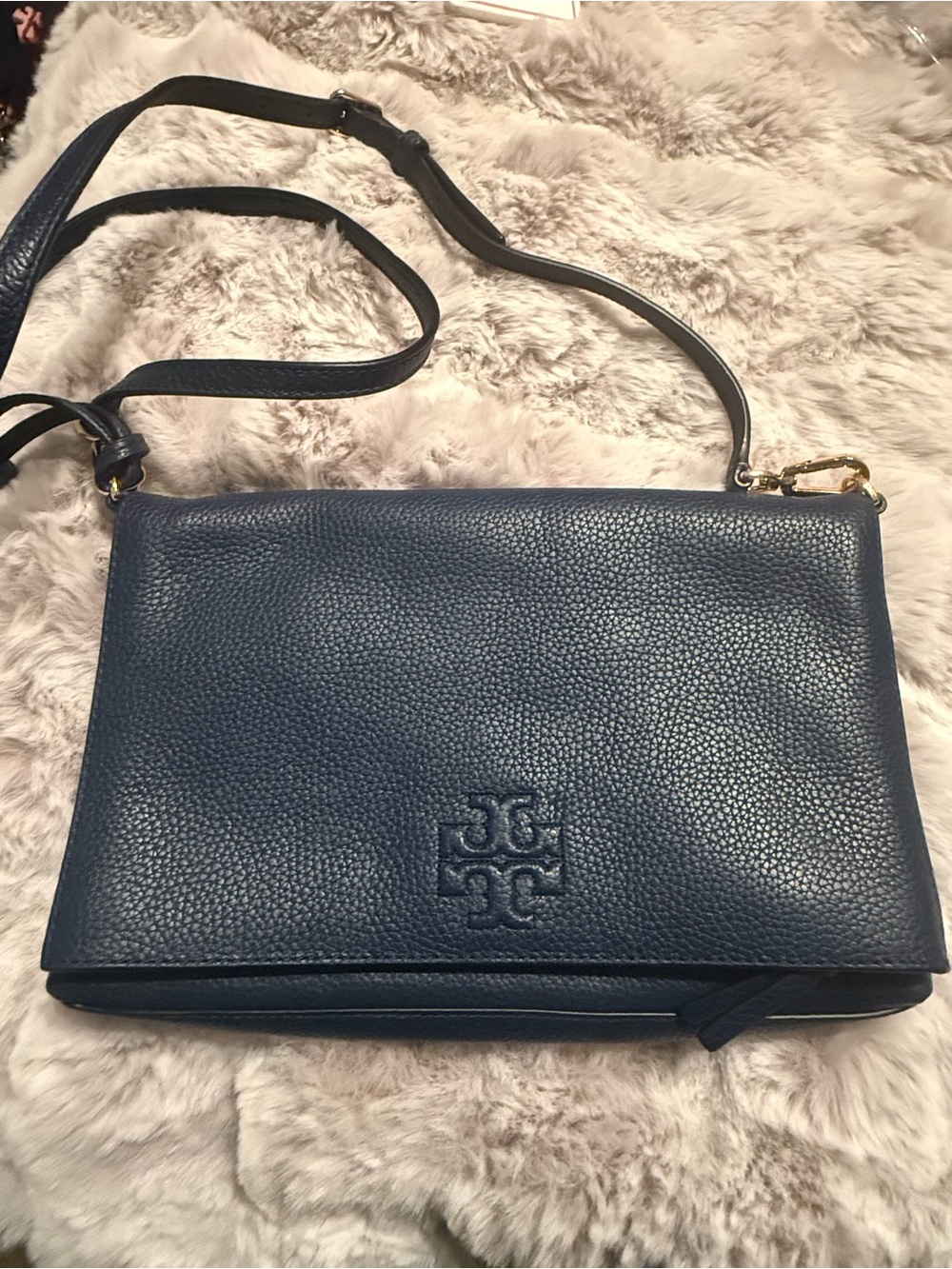 Tory Burch Navy Pebbled Leather Logo Crossbody